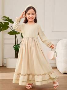 Young Girl A-Line Ruffle Trim & Headband Dress - Apricot - View 6