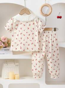 2pcs Baby Girls Cute Short Sleeve Peter Pan Collar Top And Pants Pajama Set, Soft, Lightweight Fabric With Small Cherry Print, Casual And Sweet Style - Multicolor - View 2