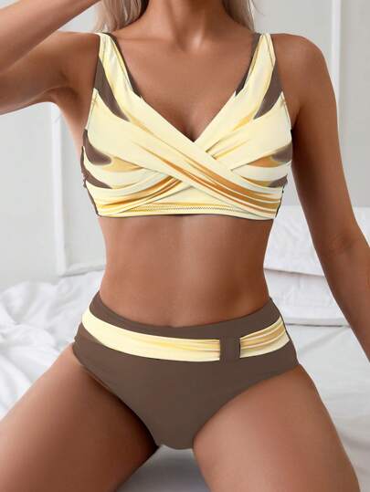 Bộ bikini mùa hè cổ chữ V quấn chéo Colorblock
