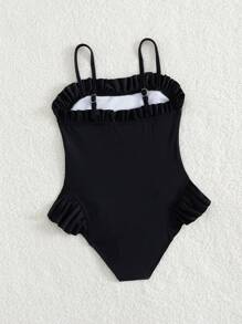 SHEIN 1pc Young Girl Random Printed One-Piece Swimsuit - Black - View 2