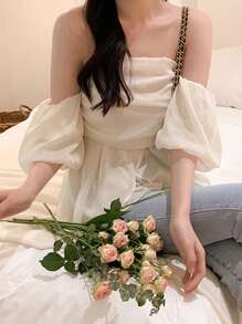 DAZY 女士优雅简约纯色露肩衬衫，荷叶边秋季 - 白色 - 查看 6