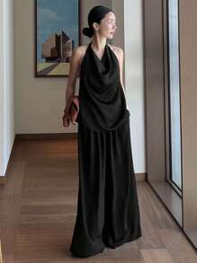 DAZY Women's Solid Color Fashionable Loose Draped Neck Top - Black - View 7