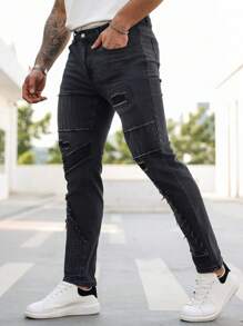 Manfinity LEGND Plus Size Men's Casual Washed Frayed Slim Fit Jeans - Black - View 4