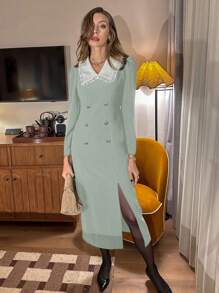 Chiquease 女士优雅修身连衣裙，黑色，长袖，花卉蕾丝花边，金色纽扣装饰，弹性柔软面料，春/秋 - 薄荷綠 - 查看 4