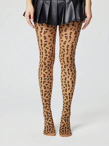 ROMWE Goth 1 双豹纹紧身裤，时尚百搭，适合所有季节 - 咖啡棕 - 查看 2