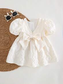 Cozy Pixies Baby Girl 3D Bow Decor Round Neck Puffed Sleeve Cinched Waist A-Line Dress