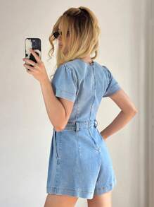 Forever 21 Women's Spring Casual Minimalist Denim Overalls A-Line Cargo Jumpsuit - Light Wash - View 2