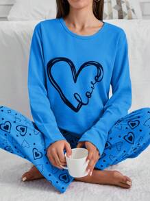 RueChic 100% Cotton 2Pcs  Contrast Colour Heart Printed PJ Set - Blue - View 6