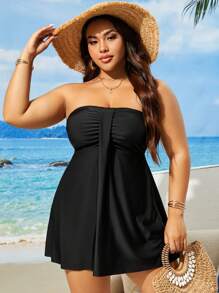 Swim Lushoire Plus Size Summer Beach Solid Color Strapless Swimwear Dress - Black - View 3