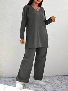 Cloudara Plus V-neck Split Hem Tee & Wide Leg Pants - Dark Grey - View 5