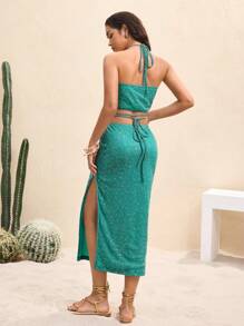 BY FELIZIA 绿松石色闪光镂空收腰性感长裙 - 綠色 - 查看 2