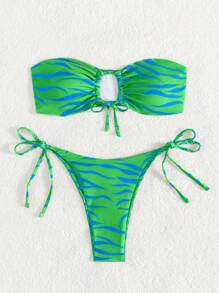 Swim Vcay 夏日度假海滩斑马纹抹胸比基尼套装，随机印花