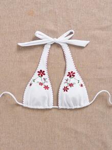 Swim Mod Deep V Neck Vintage Floral Print Halter Bikini Top For Summer Beach Vacation - Multicolor - View 4