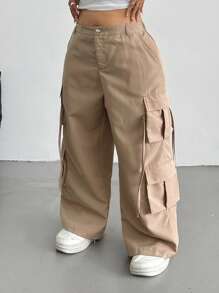 Flirla Plus Size Women's Khaki Multi-Pocket Casual Straight-Leg Cargo Pants Fall Cloth For Women - Khaki - View 5