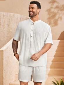 EASEVO Plus Size Men's Woven Shirt & Shorts Set