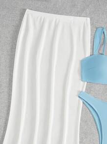SHEIN Swim 3pcs Blue Wide Strap Bikini Set With White Mesh Beach Maxi Dress, Vacation Style Women Swimsuit For Summer - Blue and White - View 5