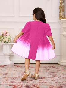 SHEIN 1pc Young Girls Chiffon Round Neck Beaded Puff Sleeve Pleated Print Gradient Hem Formal Dress, Elegant For Party, Summer Sibling Matching Outfits (2 Pieces Sold Separately) - Hot Pink - View 3