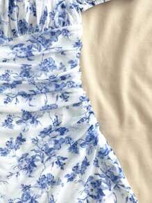 SHEIN Teen Girls Spring& Summer/Valentine Day/Dreamara Blue & White Floraldress/Vacation/Holiday/Vintage//Beach/Sea/Elegant/Dresses For Girl/Bohemia/Boho Clothing/Sun Dresses For Girls Holiday Outfits - Blue and White - View 4
