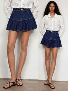 Maija Women's Blue Denim Skirt With Ruffle Hem - Dark Wash - View 2