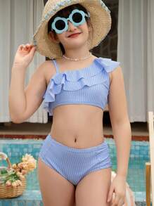 Tween Girl Swimwear Set - Blue & White Striped Spaghetti Strap Swimsuit With Double Ruffle Hem And Matching Blue & White Striped Swim Shorts, Suitable For Summer, Spring & Autumn Holiday/Beach/Water Park/Swimming, Sweet & Minimalist Urban Fashion