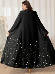 Al Najma 女士优雅花卉印花阿拉伯长袍，朴素 - 黑色 - 查看 2