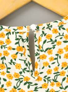 SHEIN Blusa casual ajustada con cuello en V, volantes y estampado floral pequeño para niñas jóvenes - Amarillo - Ver 3