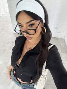 SHEIN Unity 女士深 V 领纯色短袖修身衬衫，春夏 - 黑色 - 查看 4