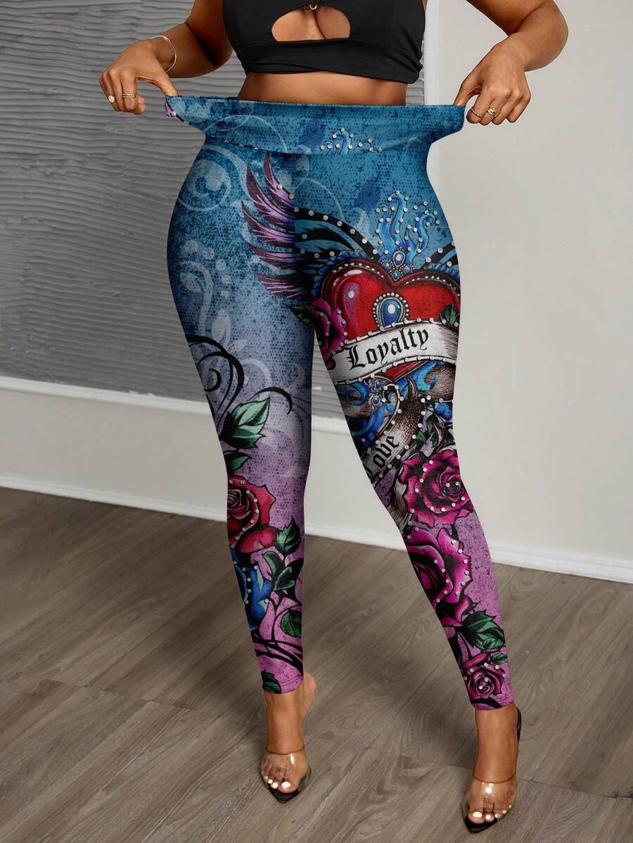 Slaydiva 大码复古纹身心形印花休闲紧身裤