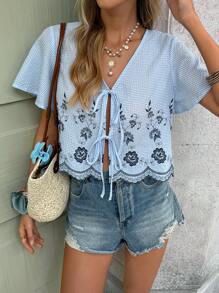 Serisse 女士度假休闲条纹花卉刺绣系带衬衫 - 彩色 - 查看 5