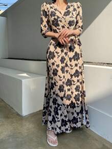 DAZY V领优雅碎花连衣裙，女士优雅吊带长裙 - 米色 - 查看 12