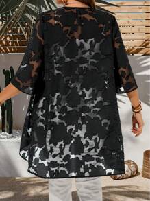 EMERY ROSE 加大码纯色透明不对称下摆优雅外套，适合女性夏季、狂欢、复活节曲线、秋冬乡村音乐会 - 黑色 - 查看 2