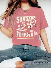 Sunday Is For Formula Racing Fans, Women Fashion Crew Neck Short Sleeve Racing Car Graphic Tee, Summer Casual Top - Redwood - View 3