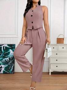 SHEIN LUNE Plus Size Women Minimalist Sleeveless Vest & Blazer Suit Outfit