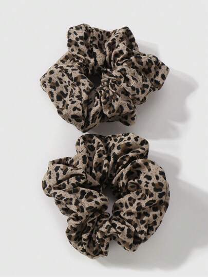 Kawaii 2pcs Vintage Chic Sophisticated Versatile Charming Highly Attractive Brown Leopard Print Hair Scrunchies Set, Suitable For Women & Girls Daily Wear, Holiday Gift Hair Ties Ponytail Holders Hair Elastics Hair Rope