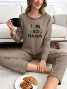 RueChic 2Pcs  Slogan Printed Lounge Set - Beige - View 5