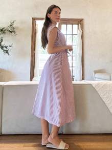 Cloudara Vestito lungo da donna a righe con bottoni davanti, vita in vita, abbigliamento da spiaggia per vacanze