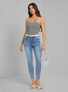 SHEIN Tall Women's Casual Grey Strapless Bodysuit: Sleeveless And Backless Design For Effortless Style - Grey - View 5