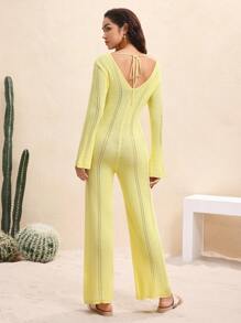 BY FELIZIA Light Yellow Solid Color Knitted V-Neck Flared Long-Sleeved Jumpsuit, Butter Yellow Holiday Elegant Casual Jumpsuits For Women