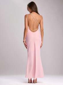 SHEIN BAE Spring Women Romantic Party Dress With Pearl Chain Trim, Asymmetric Neck Backless Fitted Fishtail Satin Dress - Pink - View 2