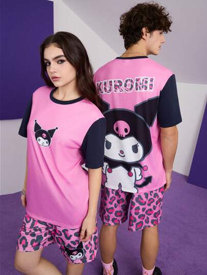 HELLO KITTY AND FRIENDS | SHEIN 男女款休闲针织卡通图案拼色T恤和豹纹短裤两件套