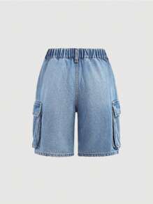 SHEIN Tween 女童 Y2K 春夏翻盖口袋侧破洞磨边宽松直筒牛仔裤短裤，女童夏装演唱会服装街头服装 - 中等水洗藍 - 查看 3