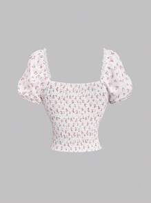 Sweetra Women's New Floral Print Ruffled Collar Bowknot Waist Puff Sleeve Blouse, Girly And Sweet, Suitable For Spring And Summer