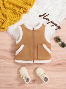 SHEIN 男婴无袖厚背心，带保暖内衬和彩色设计 - 棕色 - 查看 3