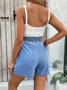 SHEIN Maternity Casual Large Pocket Loose Denim Shorts, Blue, Summer, Suitable For Parties, Holidays, Dates, Valentine's Day, Afternoon Tea, Vacation, Music Festival, Bohemian, Summer For Women/Summer/Summer/Cute, Easter/Easter /Easter Women, Rave/Concert Women/Country Concert/Rave/Rave Festival/Nashville/Ibiza, Elegant, Vacation Woman/Beach Vacation, Boho/Bohemia/Boho Women's;Cowgirl/Cowboy, Mother Day/Mom/Mother/ Mommy/Mother's Day/Mama/Mum/Mother's Day Gift