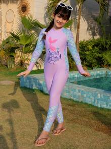 女童连体泳衣，卡通美人鱼尾巴，数码印花，紫色鱼鳞印花，长袖长裤，连体泳衣，适合参加海滩泳池派对 - 紫色 - 查看 5