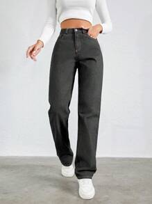 SHEIN Cottnline 100%纯棉斜口袋直筒牛仔裤 - 淺灰色 - 查看 4