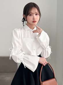 FRIFUL 女士休闲/工作喇叭袖短款纯色长袖上衣 - 白色 - 查看 6