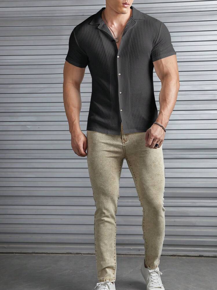 COOFANDY Herenhemd met korte mouwen, vrijetijdshemd, vlekbescherming, businesshemd, zomer, overhemd, casual, effen, A-zwart, L