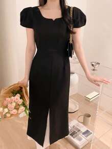 DAZY Elegant Design Color-Blocking Short Sleeve Midi Dress For Women Elegant Sundress