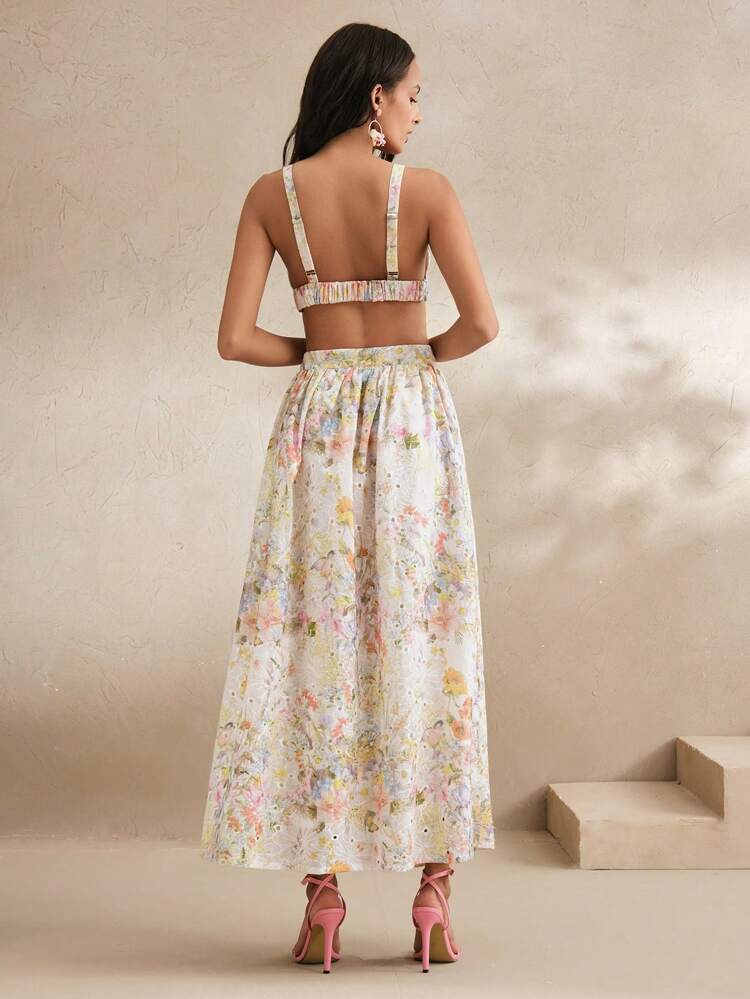 2 Pieces Set Women Summer, Holiday, Casual, Festival, Vacation - French Elegant Floral Embroidery Camisole Top And Long Skirt